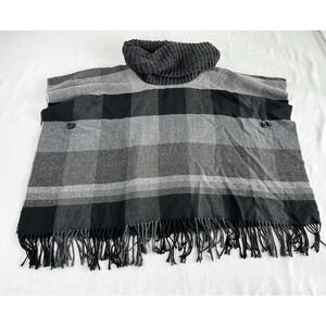 FRAAS Cowl Neck‎ Poncho Sweater Fringed Armholes Black Gray Plaid Women's OS